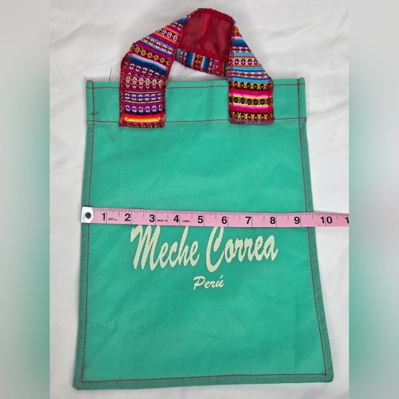 Meche Correa 12" X 9"inch Small Shopping bag Green w/ Inca Fabric Handles - Picture 6 of 6